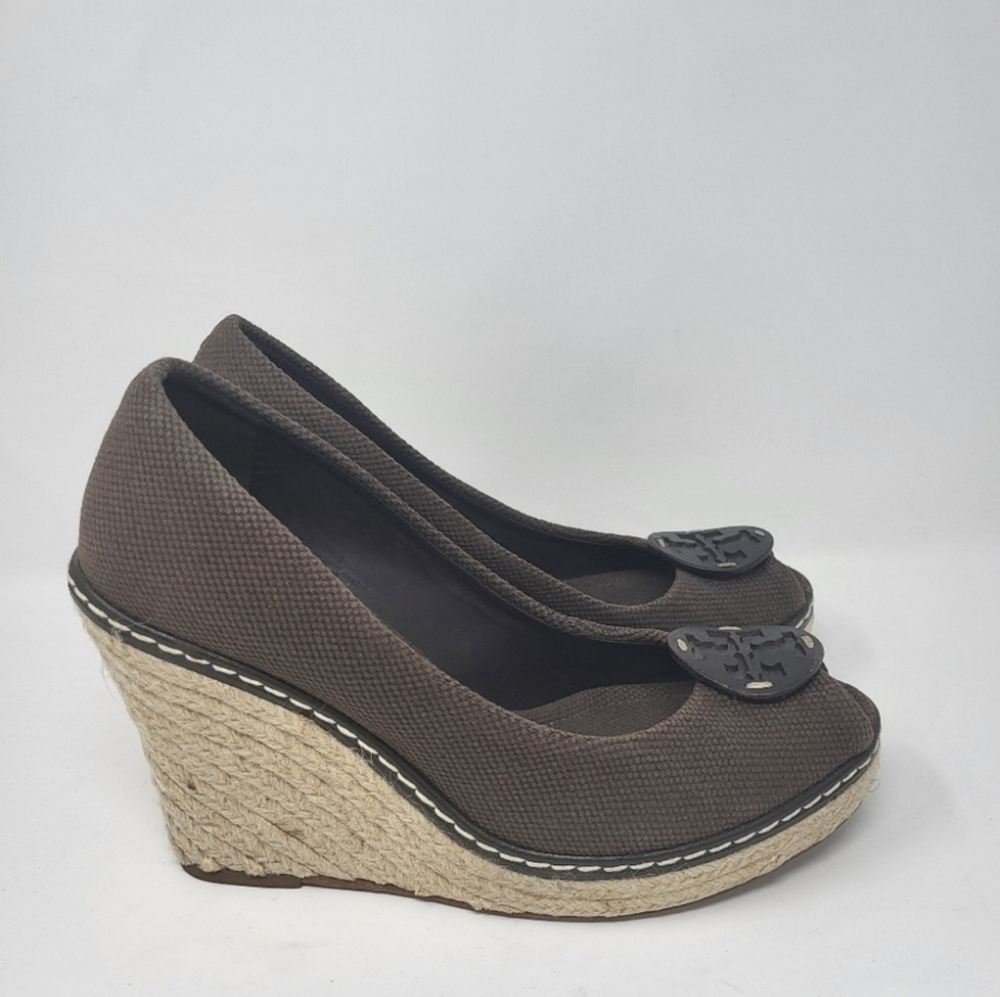 Tory Burch Women Size 9.5 Peep Toe‎ Espadrille Wedge Heel Canvas Brown Shoes